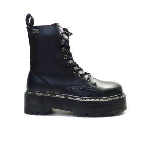 botin de cordones estilo mulitar en piel negra y plataforma ,marca coolway