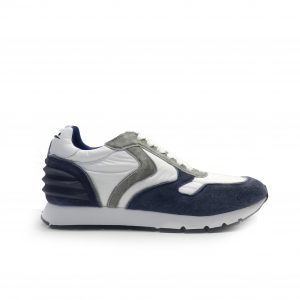 sneakers de cordones combinado en piel de nobuck azul franja gris y nylon blanco, marca Voile Blanche.