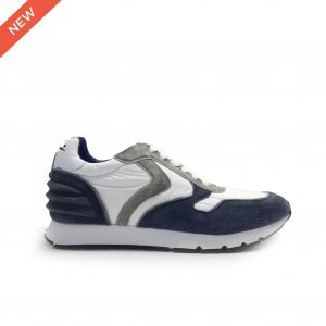 sneakers de cordones combinado en piel de nobuck azul franja gris y nylon blanco, marca Voile Blanche.