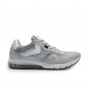 sneakers de cordones combinado en piel de nobuck azul franja gris y nylon blanco, marca Voile Blanche.