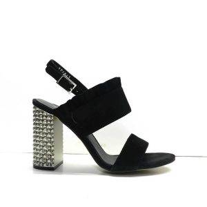 sandalias de ante negro con adorno volante y tacon metal plata,marca bruno premi