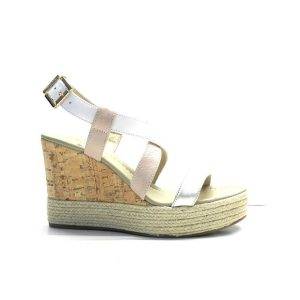 sandalias de cuña con tiras cruzadas en blanco y rosa ,marca nero giardini