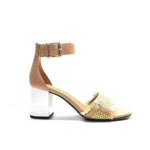 sandalias de piel de color cuero,con pala de rafia en cuero,salmon con flecos y tacon de color blanco,marca tommy hilfiger