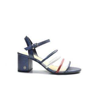 sandalias de piel con tacon en tonos azules con tiras de rejilla transparente ,marca tommy hilfiger