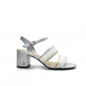 sandalias de piel con tacon en tonos plata y oro, con tiras de rejilla transparente ,marca tommy hilfiger