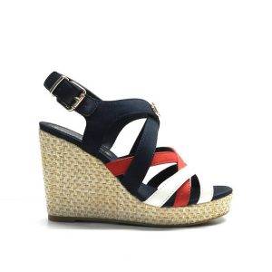sandalias cruzadas en blanco,azul y rojo de cuña alta de yute , marca tommy hilfiger