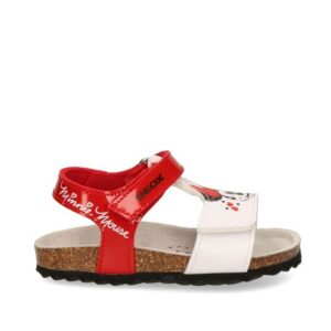 Sandalia de la marca Geox, modelo Chalki en color blanco. Sandalias con estampado de Minnie. Realizada en material con efecto charol y detalles con efecto piel, en los tonos trendy del rojo y el blanco. Diseño anatómico, confortable y transpirable.