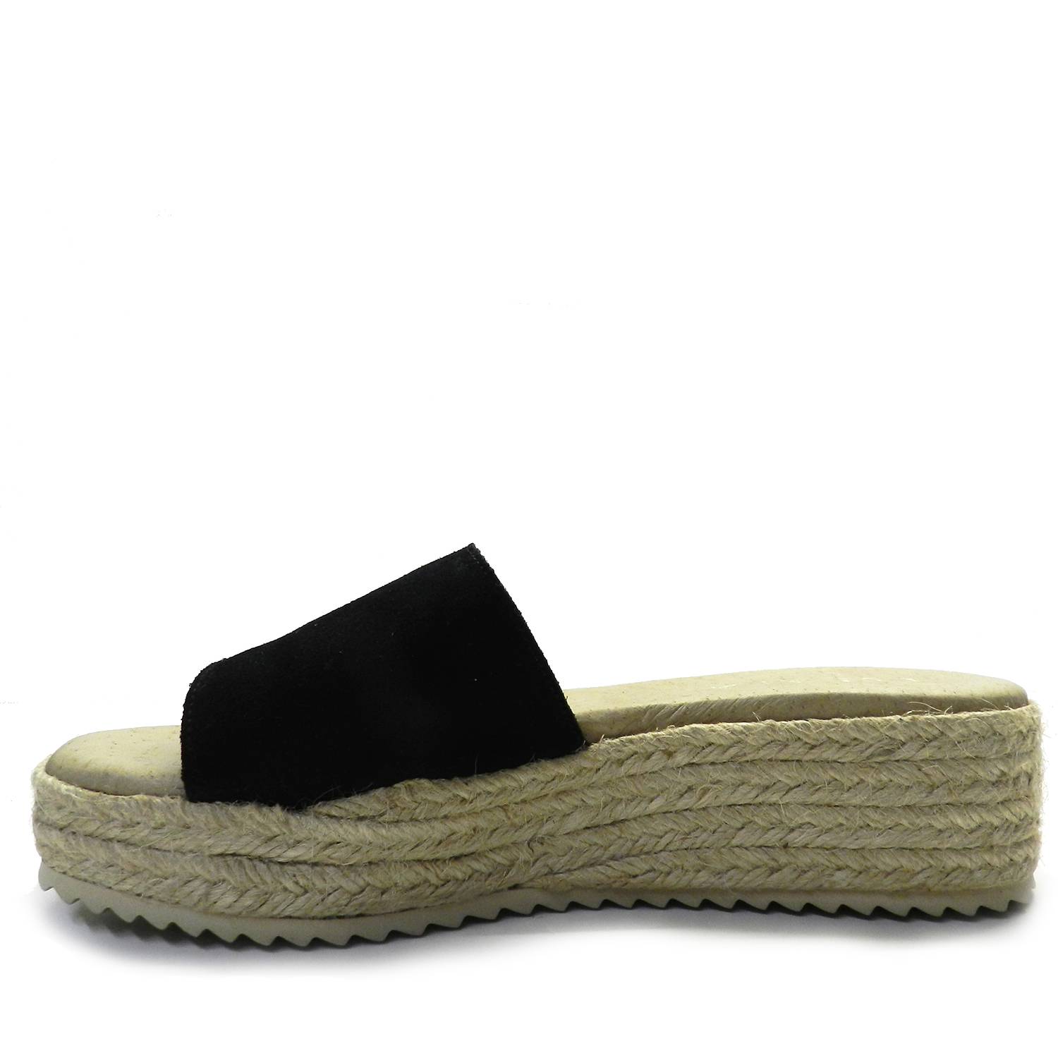 Sandalia de la marca Escala modelo Bekasi en color negro. Sandalia de plataforma de esparto con pala ancha de piel de ante, suela de goma antideslizante.
