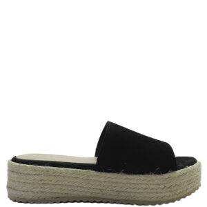 Sandalia de la marca Escala modelo Chenay en color negro. Sandalia de plataforma de esparto con pala ancha de piel de ante, suela de goma antideslizante.