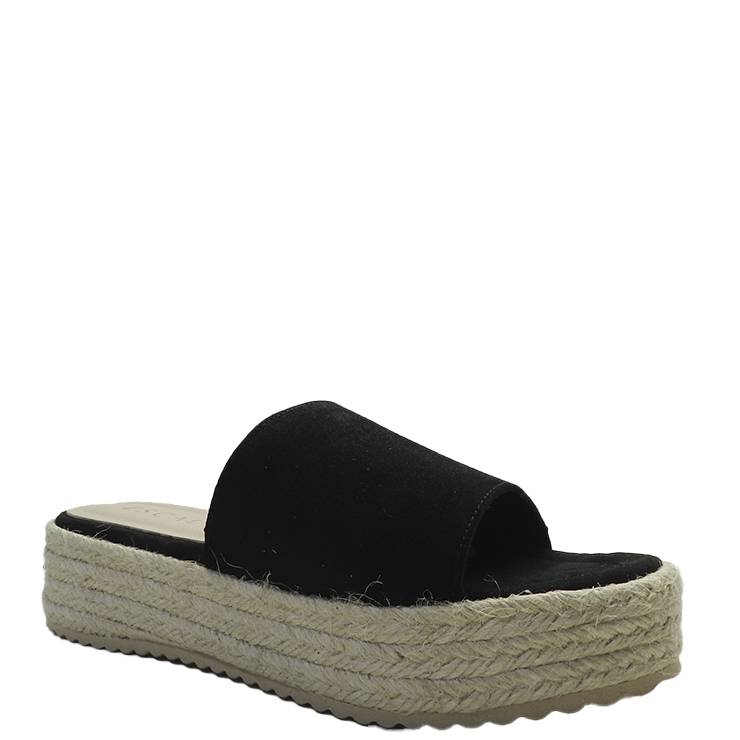 Sandalia de la marca Escala modelo Chenay en color negro. Sandalia de plataforma de esparto con pala ancha de piel de ante, suela de goma antideslizante.