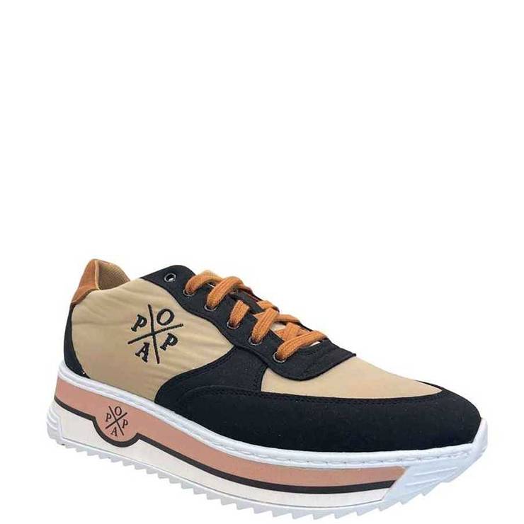 Zapatillas de la marca Popa modelo Carol Nylon. Zapatillas deportivas en combinación de nylon y ante en crema y negro. Maxi suela con detalles en color y logo. 