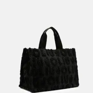 LiuJo 2F5027 Negro. Bolso tote mezcla de lana. Logo de peluche. Asas y correa grogrén ajustable y extraíble.Bolsillo interior.Cierre cremallera. 40x30x20 cm